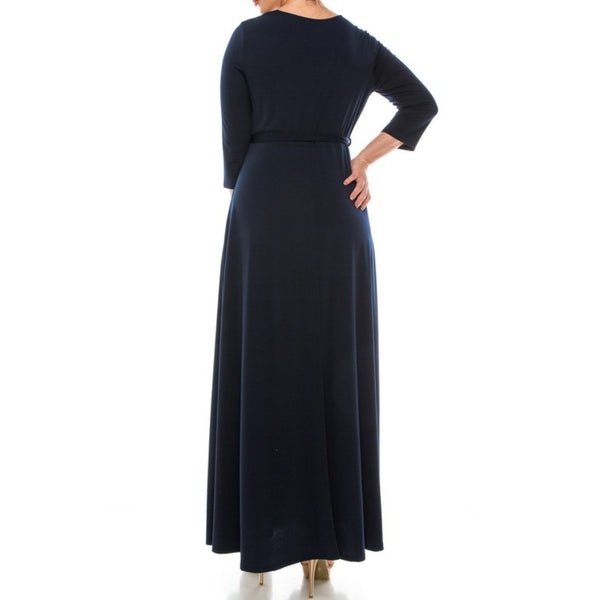 Navy Solid Faux Wrap 3/4 Sleeve Plussize Maxi Dress