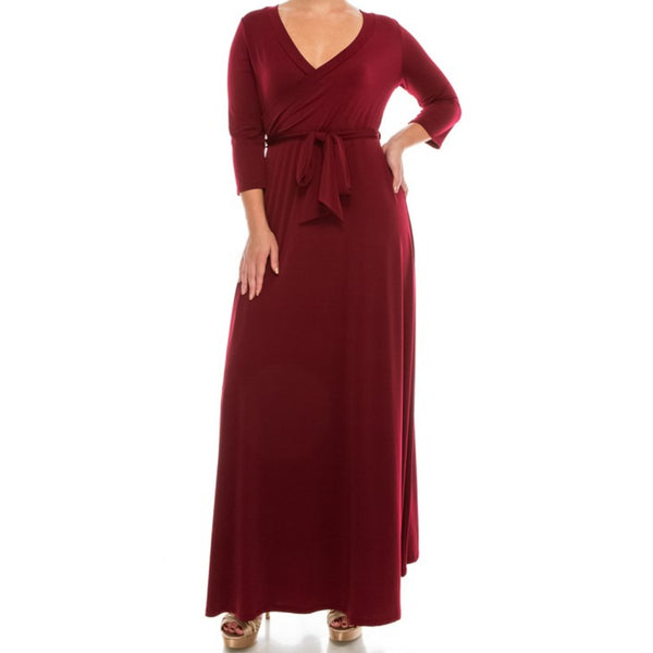 Burgundy Solid Faux Wrap 3/4 Sleeve Plussize Maxi Dress