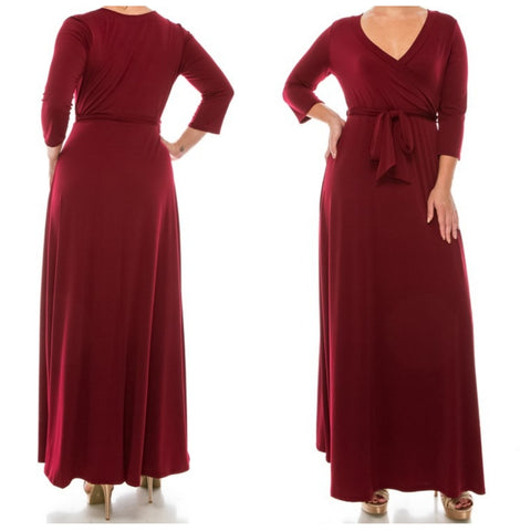 Burgundy Solid Faux Wrap 3/4 Sleeve Plussize Maxi Dress