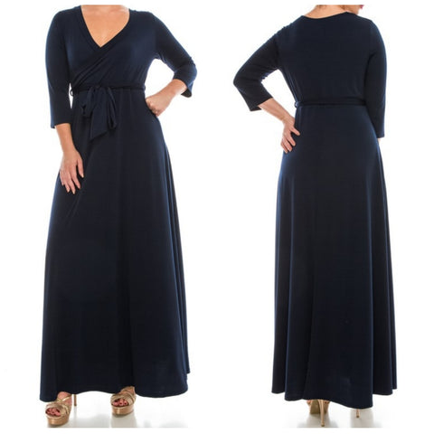 Navy Solid Faux Wrap 3/4 Sleeve Plussize Maxi Dress