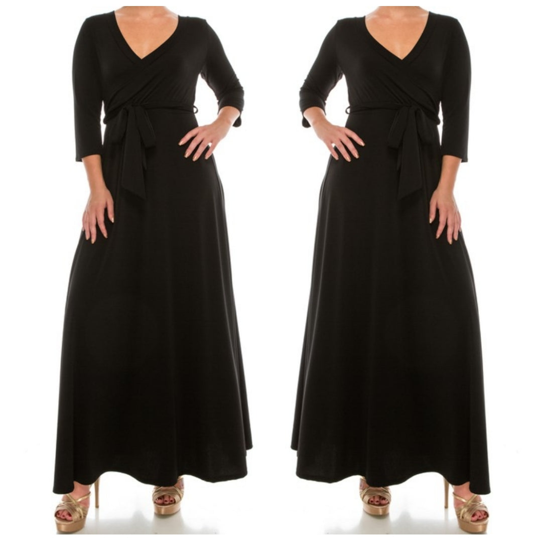 Black Solid Faux Wrap Plussize Maxi Dress