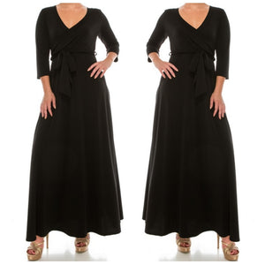 Black Solid Faux Wrap Plussize Maxi Dress