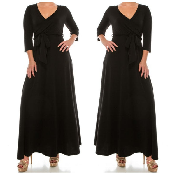 Black Solid Faux Wrap Plussize Maxi Dress