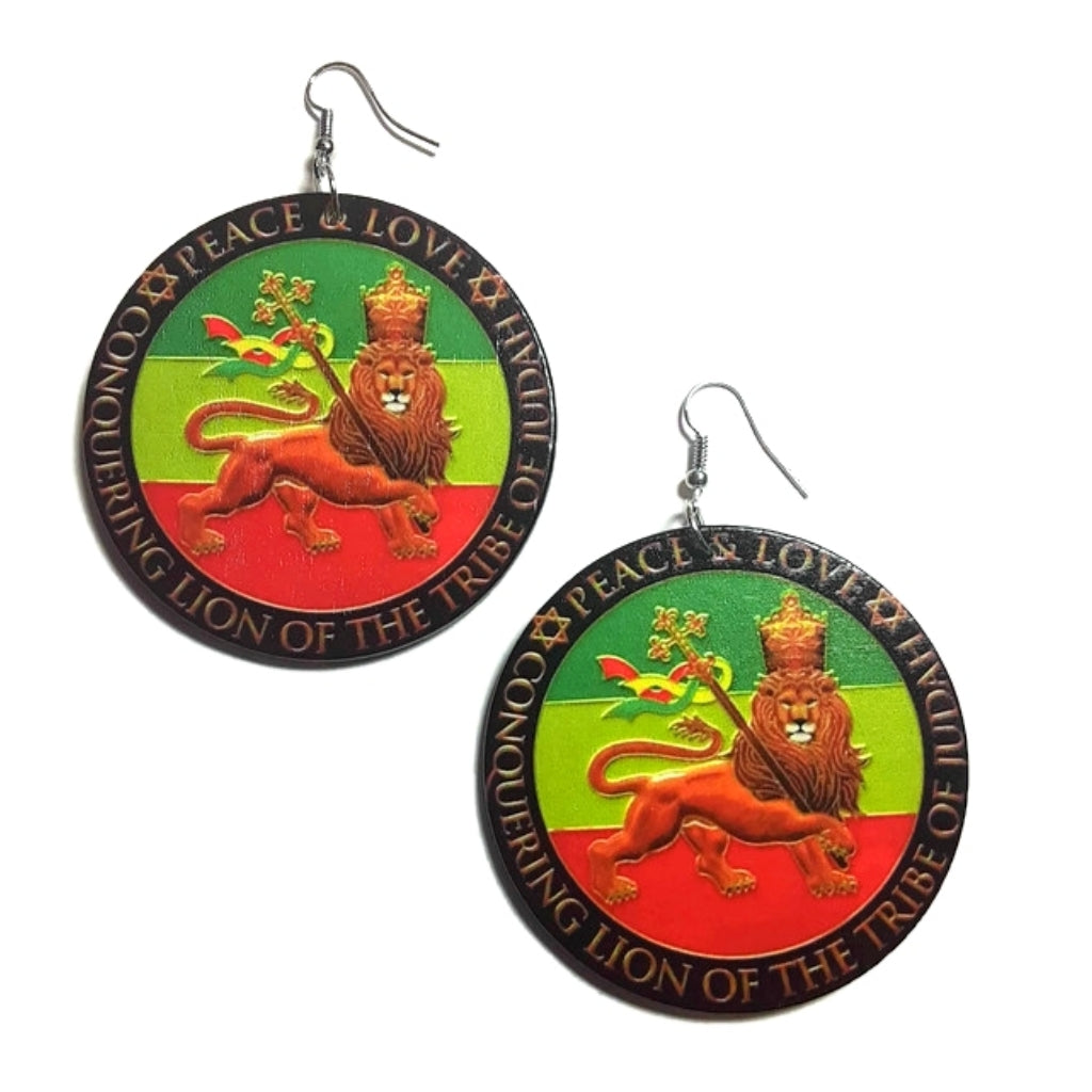 PEACE LOVE Lion of Judah Statement Dangle Wood Earrings