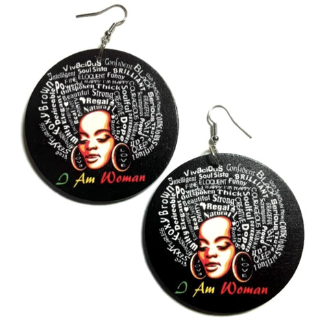 I AM WOMAN Black Statement Dangle Wood Earrings