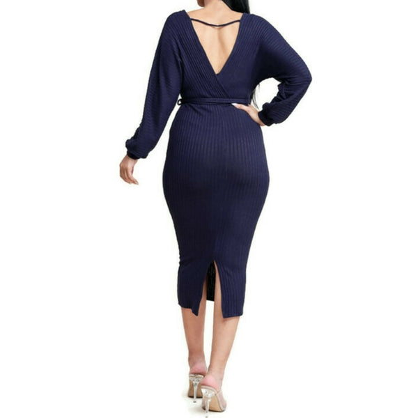 MM Navy Blue Ribbed Knit Long Sleeve Sweater V-neck Midi Dress