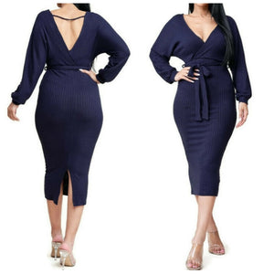 MM Navy Blue Ribbed Knit Long Sleeve Sweater V-neck Midi Dress