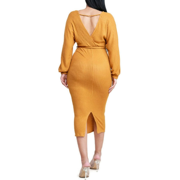 MM Mustard Ribbed Knit Long Sleeve Sweater V-neck Midi Dress