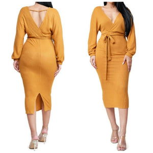 MM Mustard Ribbed Knit Long Sleeve Sweater V-neck Midi Dress