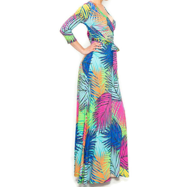 Neon Butterfly Palm Florals Faux Wrap Maxi Dress