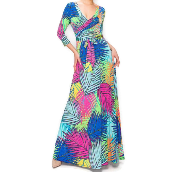 Neon Butterfly Palm Florals Faux Wrap Maxi Dress