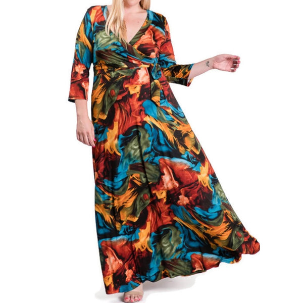 Winter Flame Faux Wrap Maxi Plussize Dress