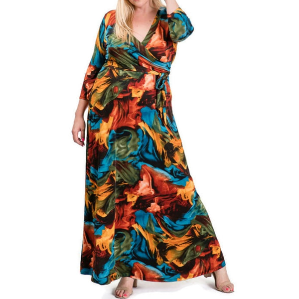 Winter Flame Faux Wrap Maxi Plussize Dress