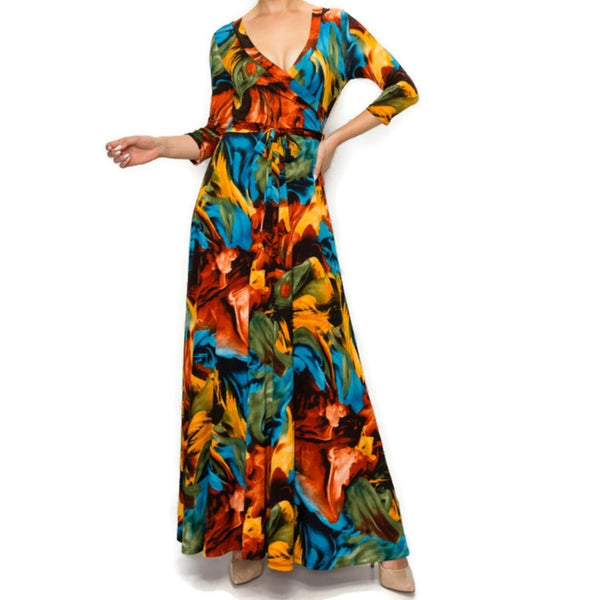 Winter Flame Faux Wrap Maxi Dress