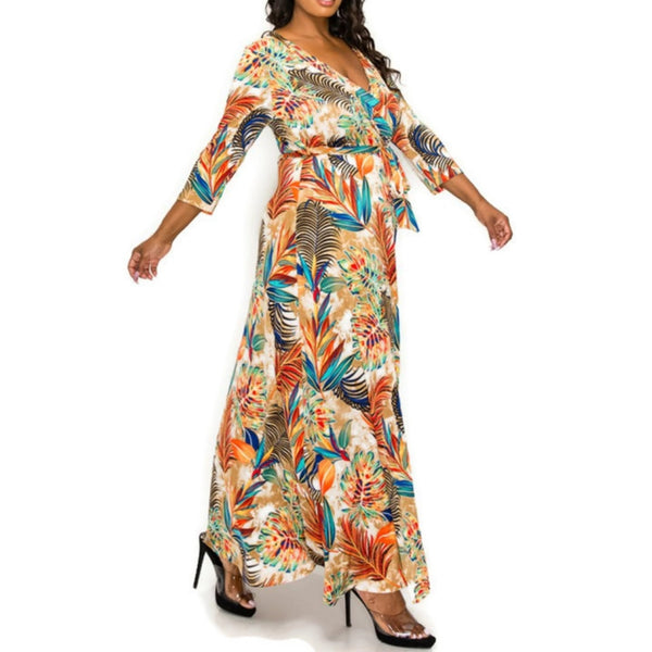 Bali Feathers Faux Wrap Maxi Plussize Dress