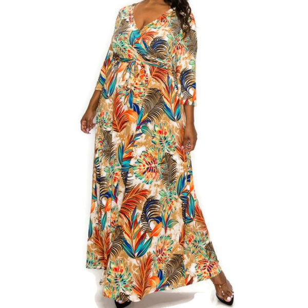 Bali Feathers Faux Wrap Maxi Plussize Dress