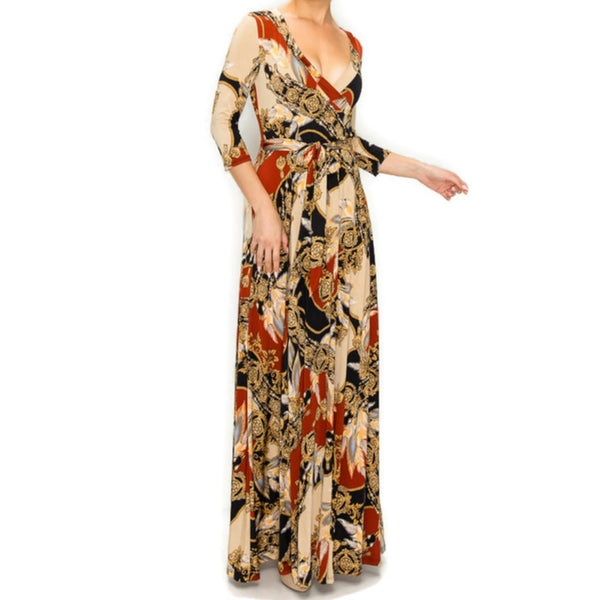 Dreamcatcher Gold Rust Faux Wrap Maxi Dress