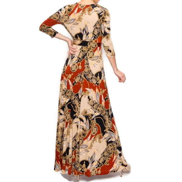 Dreamcatcher Gold Rust Faux Wrap Maxi Dress