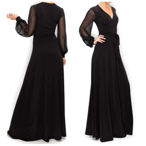 BLACK or WHITE SHEER Long Bell Sleeve Evening Formal Maxi Dress