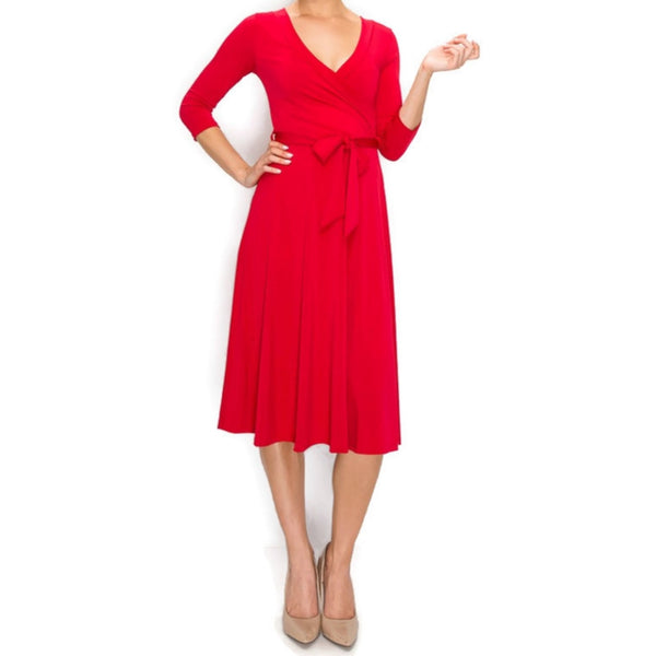 Christmas Red Faux Wrap Knee Length Dress