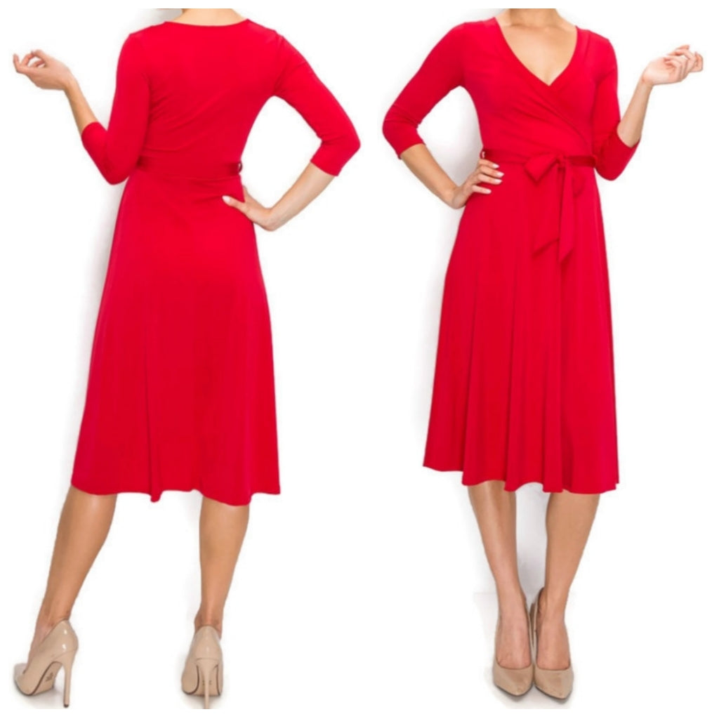 Christmas Red Faux Wrap Knee Length Dress