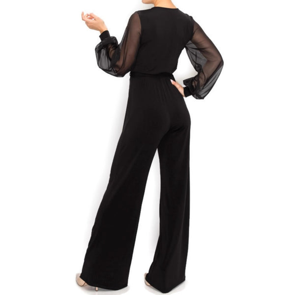 BLACK SHEER Long Bell Sleeve V-neck Jumpsuit