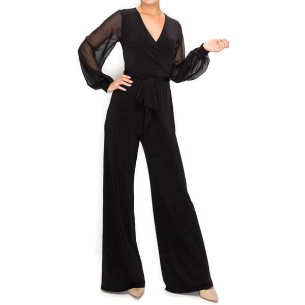 BLACK SHEER Long Bell Sleeve V-neck Jumpsuit