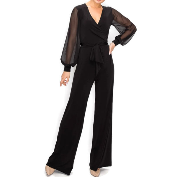 BLACK SHEER Long Bell Sleeve V-neck Jumpsuit