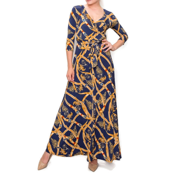 Navy New York Buckle Tassel Faux Wrap Maxi Dress