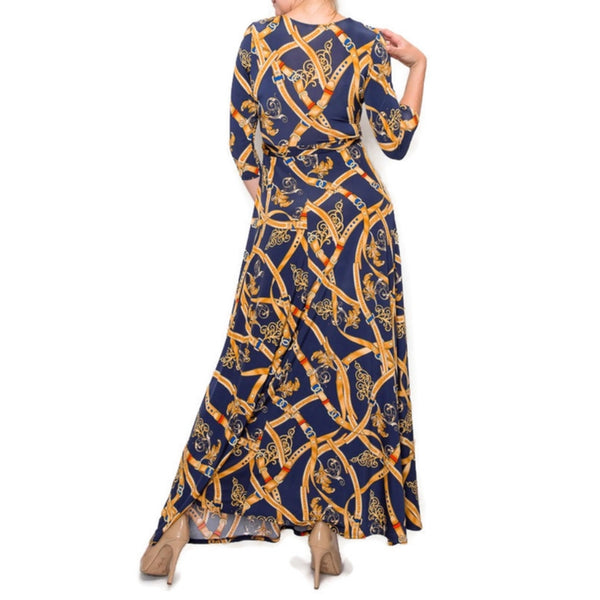 Navy New York Buckle Tassel Faux Wrap Maxi Dress