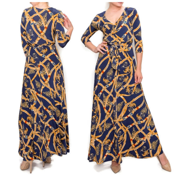 Navy New York Buckle Tassel Faux Wrap Maxi Dress