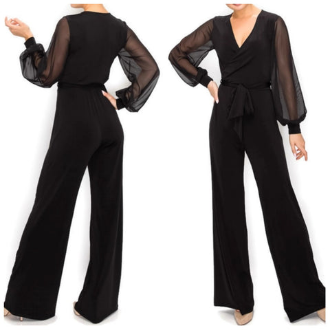 BLACK SHEER Long Bell Sleeve V-neck Jumpsuit