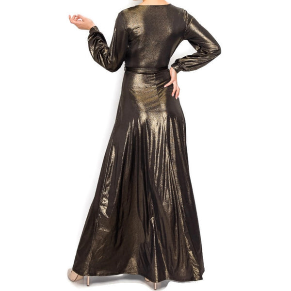 BLACK GOLD SHIMMER Long Bell Sleeve Formal Maxi Dress