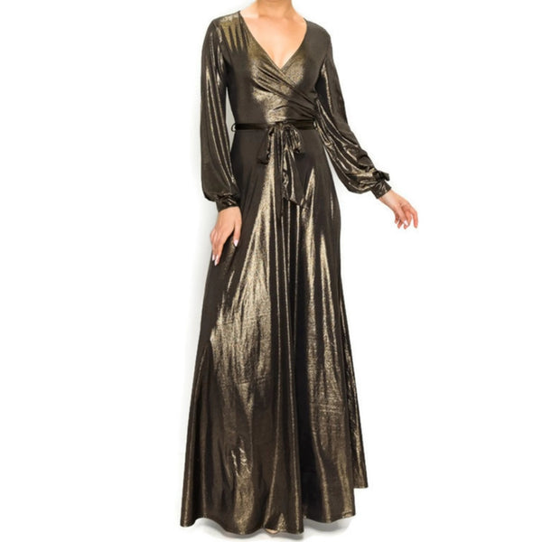 BLACK GOLD SHIMMER Long Bell Sleeve Formal Maxi Dress