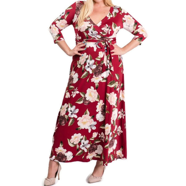 Burgundy Blush Floral Faux Wrap Maxi Plussize Dress