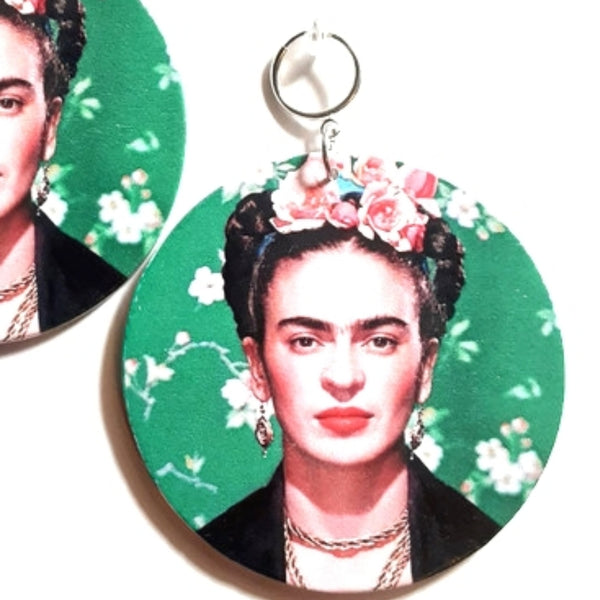 Frida Kahlo Statement Dangle Wood Clip On Earrings