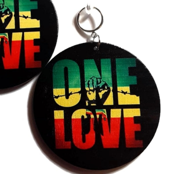 ONE LOVE Power Fist Rasta Statement Dangle Wood Clip On Earrings