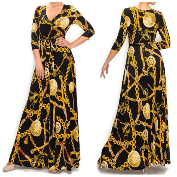 Black Gold Chain Buckle Tassel Faux Wrap Maxi Dress