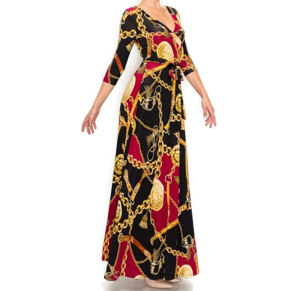 Burgundy Gold Chain Buckle Tassel Faux Wrap Maxi Dress