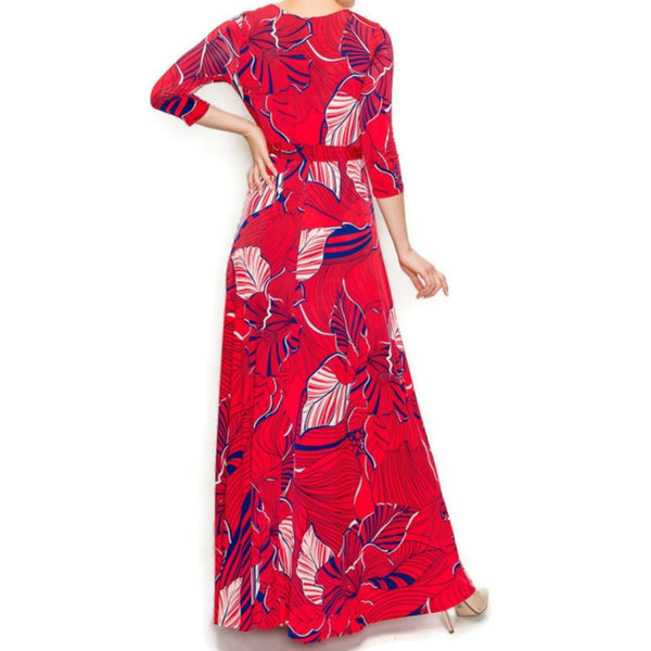 Red Navy White Floral Faux Wrap Maxi Dress