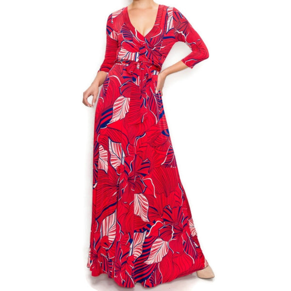 Red Navy White Floral Faux Wrap Maxi Dress