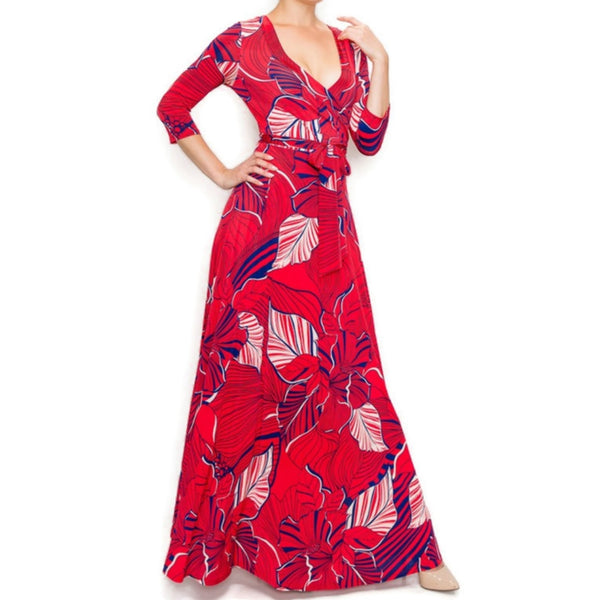 Red Navy White Floral Faux Wrap Maxi Dress