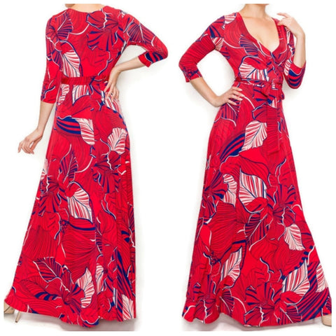 Red Navy White Floral Faux Wrap Maxi Dress