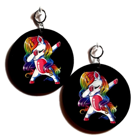 Dancing Unicorn Statement Dangle Wood Clip On Earrings