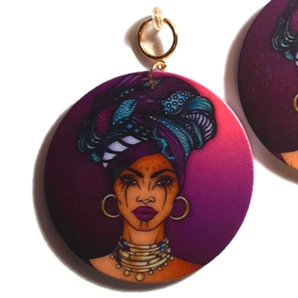 Purple Headwrap Empress Statement Dangle Wood Clip On Earrings