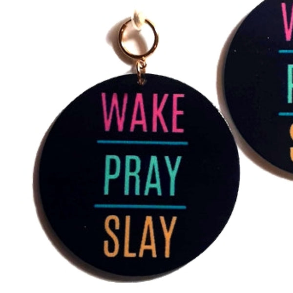 WAKE PRAY SLAY Statement Dangle Wood Clip On Earrings