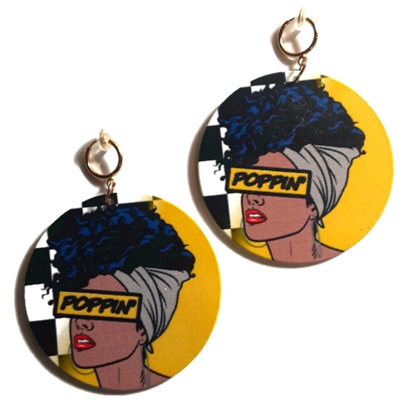 Melanin POPPIN Yellow Statement Dangle Wood Clip On Earrings