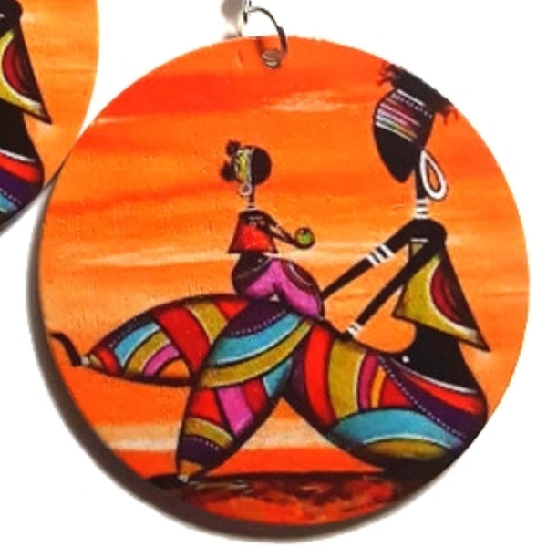 Mother and Daughter African Statement Dangle Wood Earrings