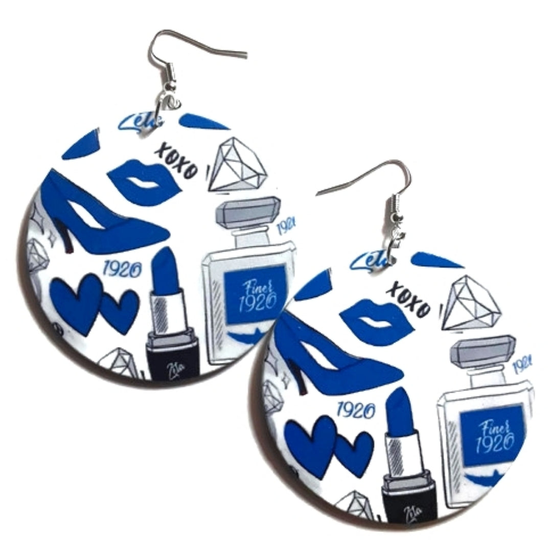 Zeta Phi Beta Blue White Sorority Statement Dangle Wood Earrings