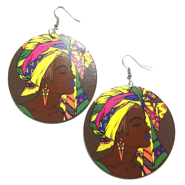 SHE DID THAT Yellow Headwrap Statement Dangle Wood Earrings